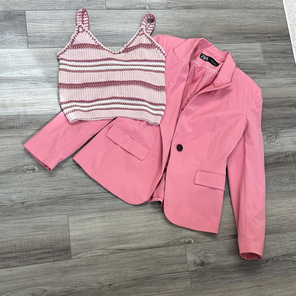 Zara Pink Notch Collar Single-Button Blazer w/ Top 💞